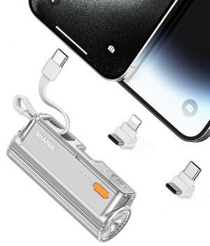 Flow-Mini Portable Charger, 5000mAh Mini Power Bank with Changeable Plugs and Built in Cable, Dual Output USB-C External Battery Compatible with iPhone 15/12/13/14/8/XR, iPad, AirPods, Android