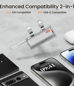 Flow-Mini Portable Charger, 5000mAh Mini Power Bank with Changeable Plugs and Built in Cable, Dual Output USB-C External Battery Compatible with iPhone 15/12/13/14/8/XR, iPad, AirPods, Android